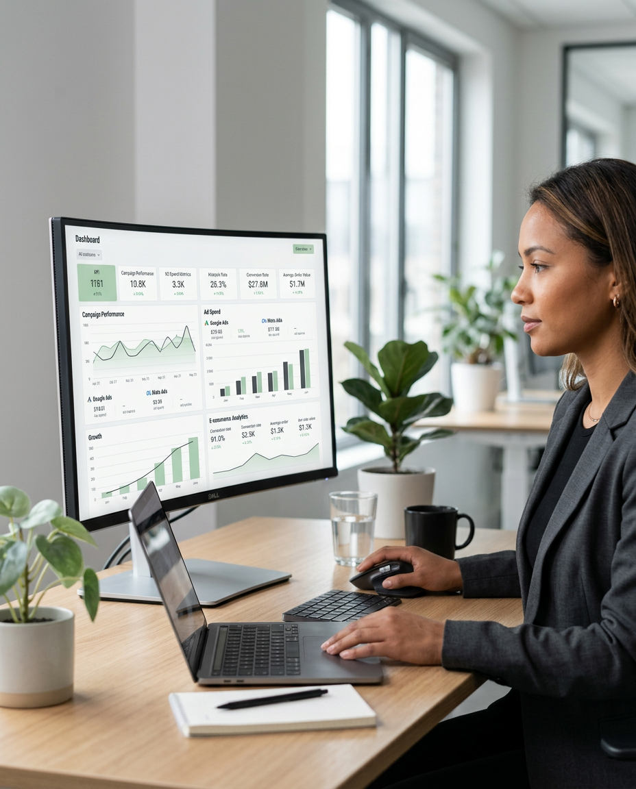 Professional agency team discussing Shopify, WordPress, and paid advertising strategy in a modern office